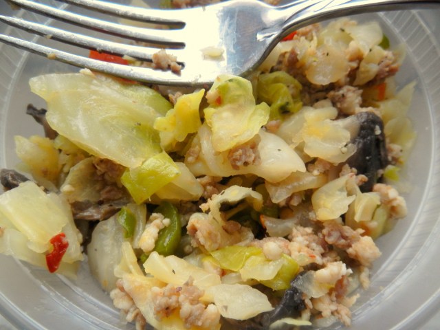 Spring roll filling: cabbage, pork, mushrooms, onions, carrots, and spices