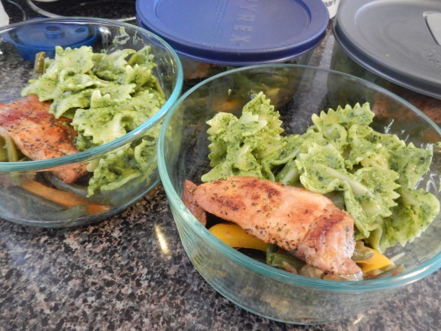 Basil & Spinach Pesto with Bow Tie Pasta, Baked Pork, and Stir-Fried Veggies