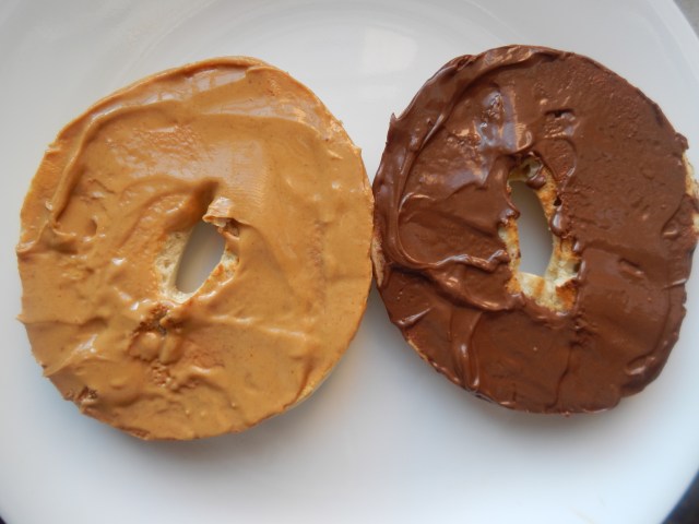Spread each side with a healthy dose of peanut butter and hazelnut spread